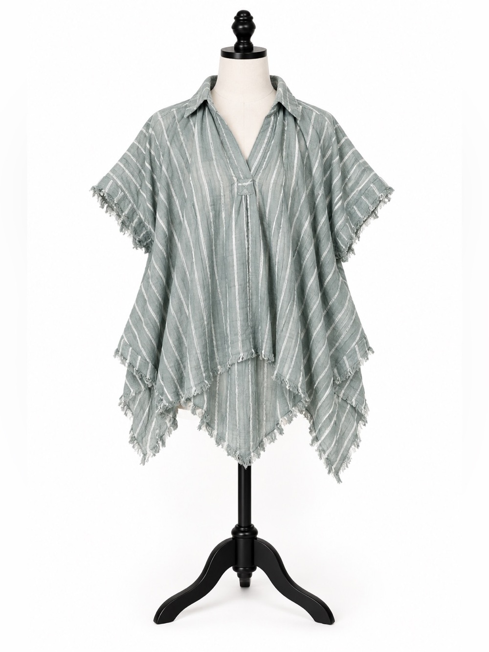 Umgee Linen Sage Green Striped Collared Poncho Tunic